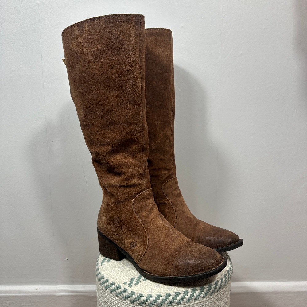 Born Felicia Leather Knee High Boots Brown Distressed Suede Lace Back Women 9.5 - Picture 1 of 16